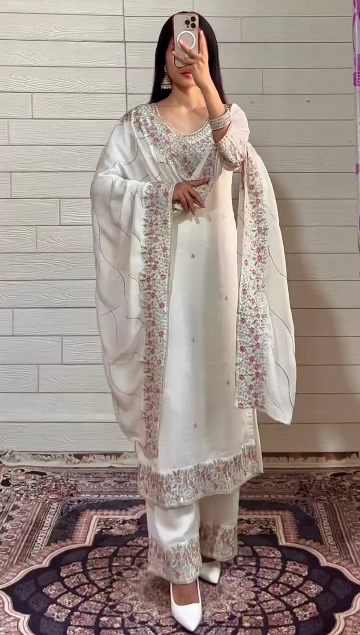 PURE CHINON SILK LONG KURTI WITH PALAZZO AND DUPATTA SET
